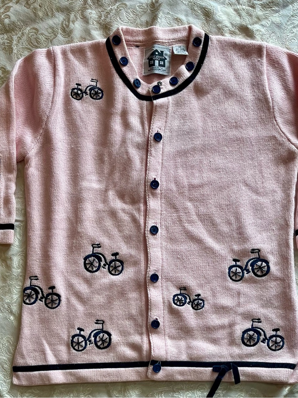 VTG Storybook Knits Pink Bicycle Cardigan Sweater Summer Ride Embroidered XS